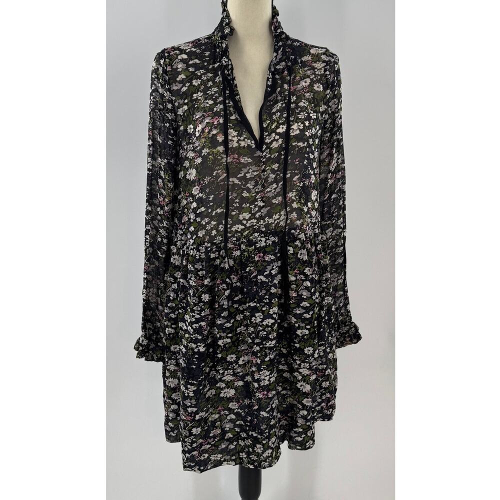 Ganni Black Floral Ruffle Dress Long Sleeve Knee Length 36 4 S M